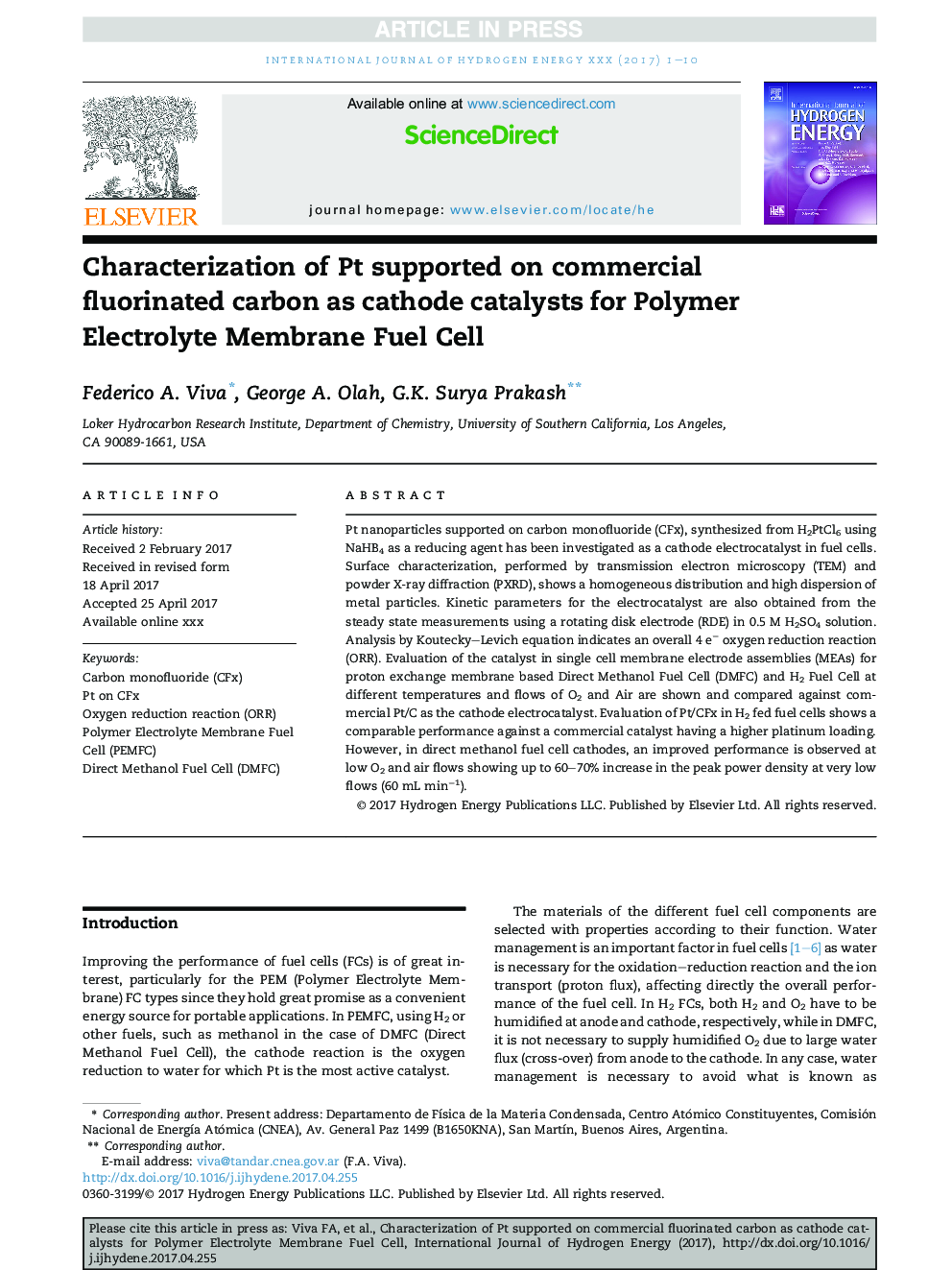 Characterization of Pt supported on commercial fluorinated carbon as cathode catalysts for Polymer Electrolyte Membrane Fuel Cell