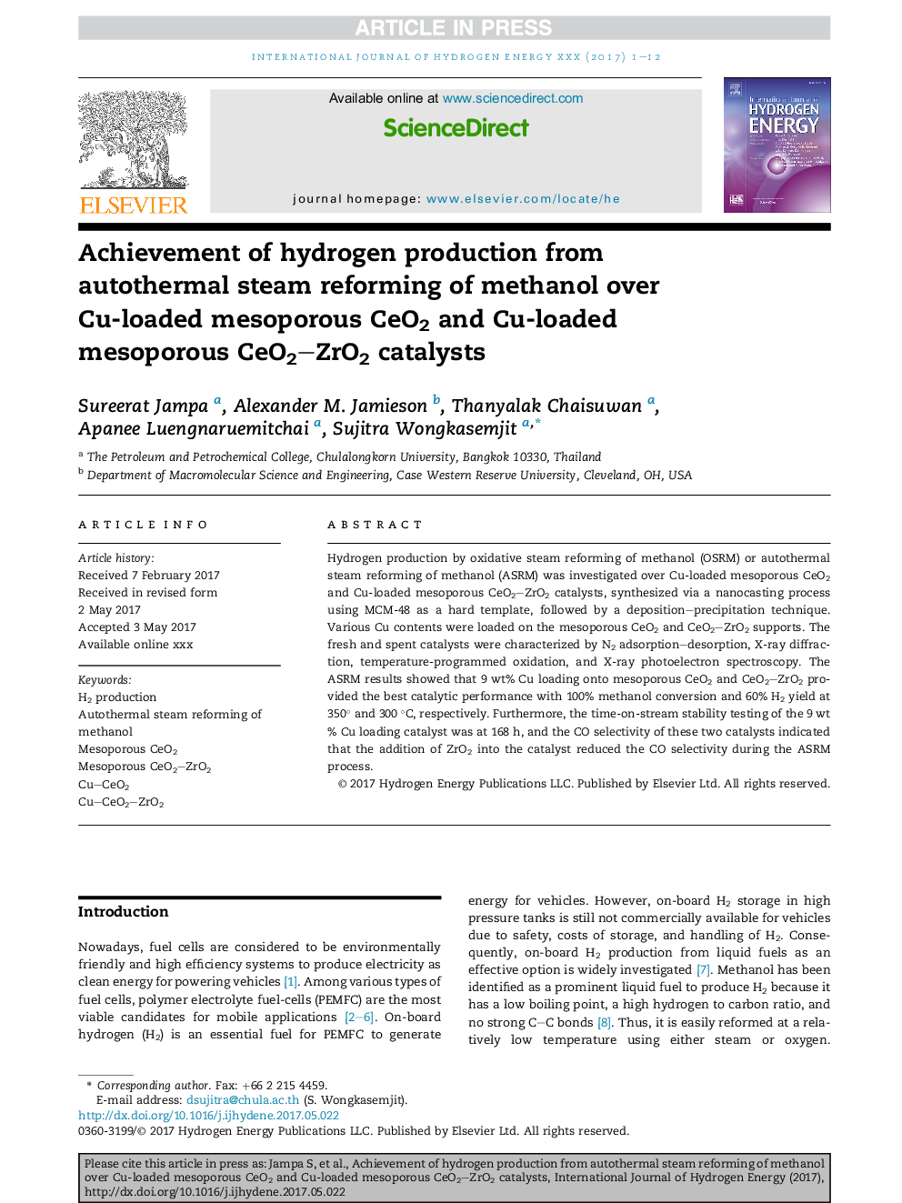 Achievement of hydrogen production from autothermal steam reforming of methanol over Cu-loaded mesoporous CeO2 and Cu-loaded mesoporous CeO2-ZrO2 catalysts