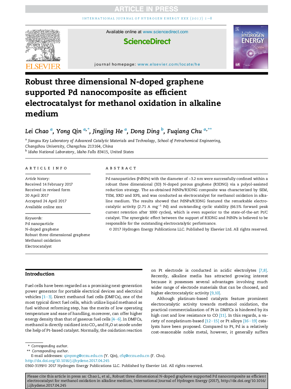 Robust three dimensional N-doped graphene supported Pd nanocomposite as efficient electrocatalyst for methanol oxidation in alkaline medium