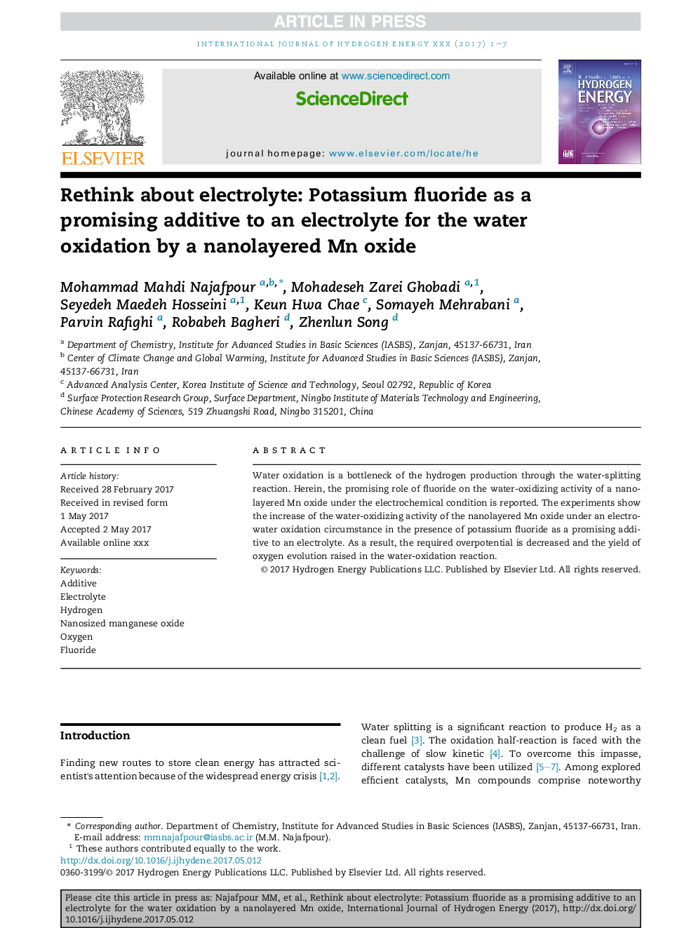 Rethink about electrolyte: Potassium fluoride as a promising additive to an electrolyte for the water oxidation by a nanolayered Mn oxide