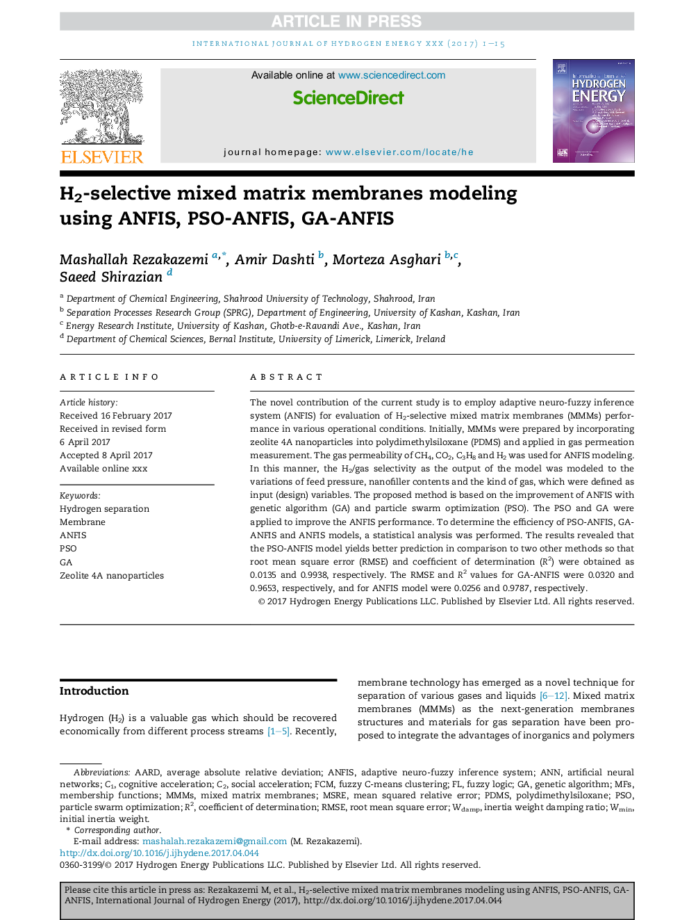 H2-selective mixed matrix membranes modeling using ANFIS, PSO-ANFIS, GA-ANFIS