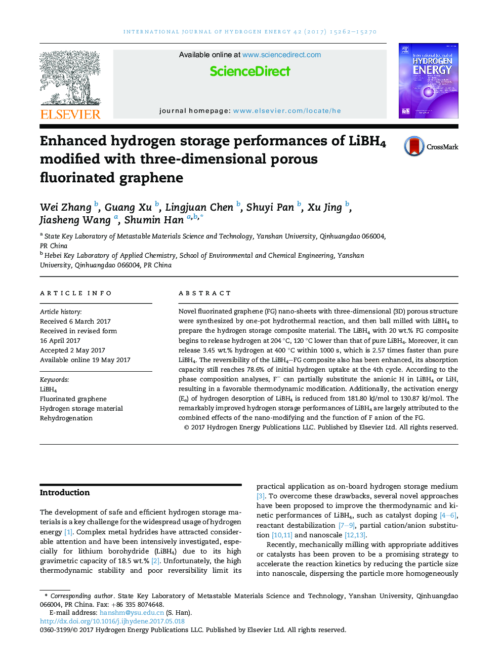 Enhanced hydrogen storage performances of LiBH4 modified with three-dimensional porous fluorinated graphene