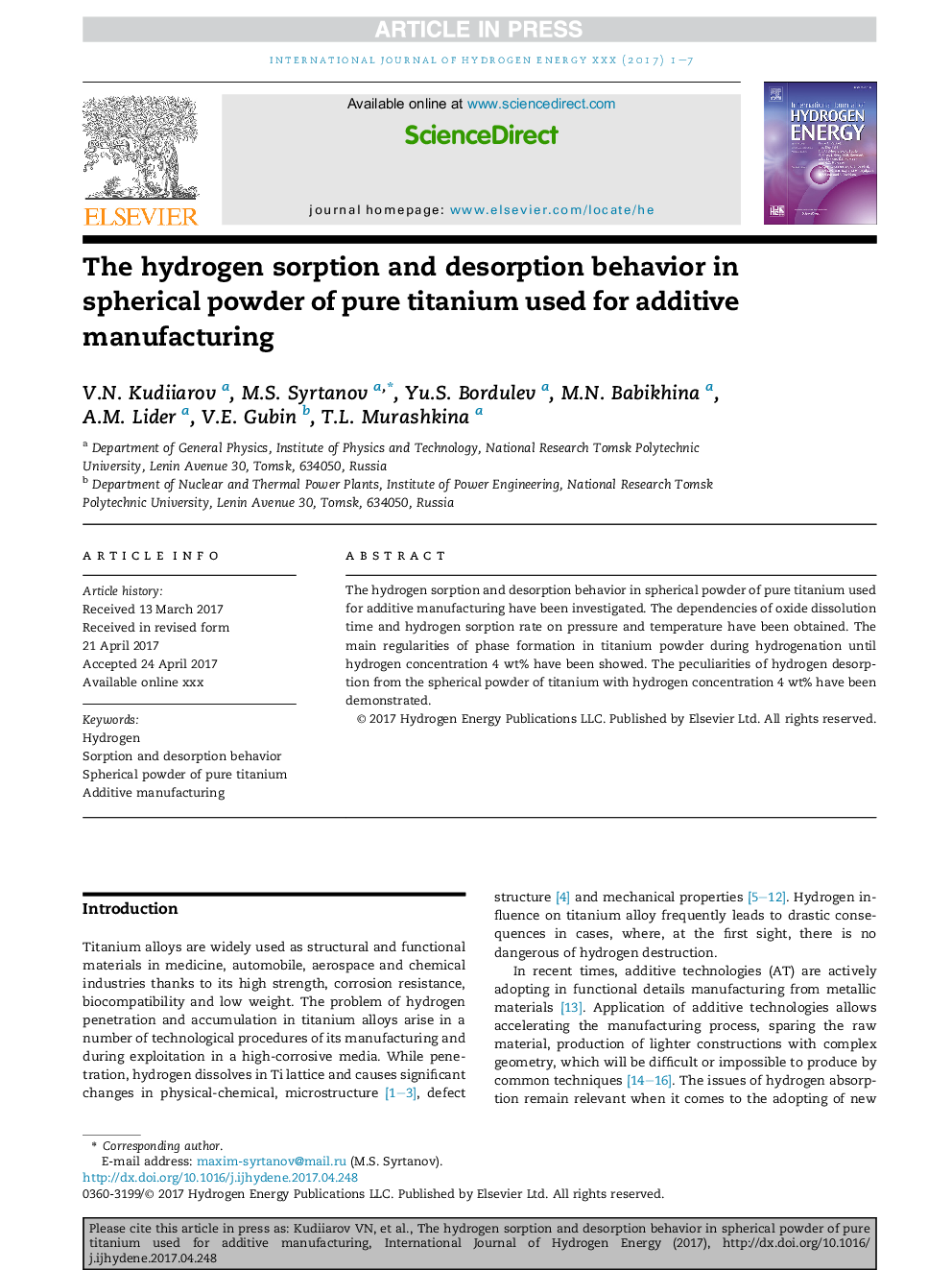 The hydrogen sorption and desorption behavior in spherical powder of pure titanium used for additive manufacturing