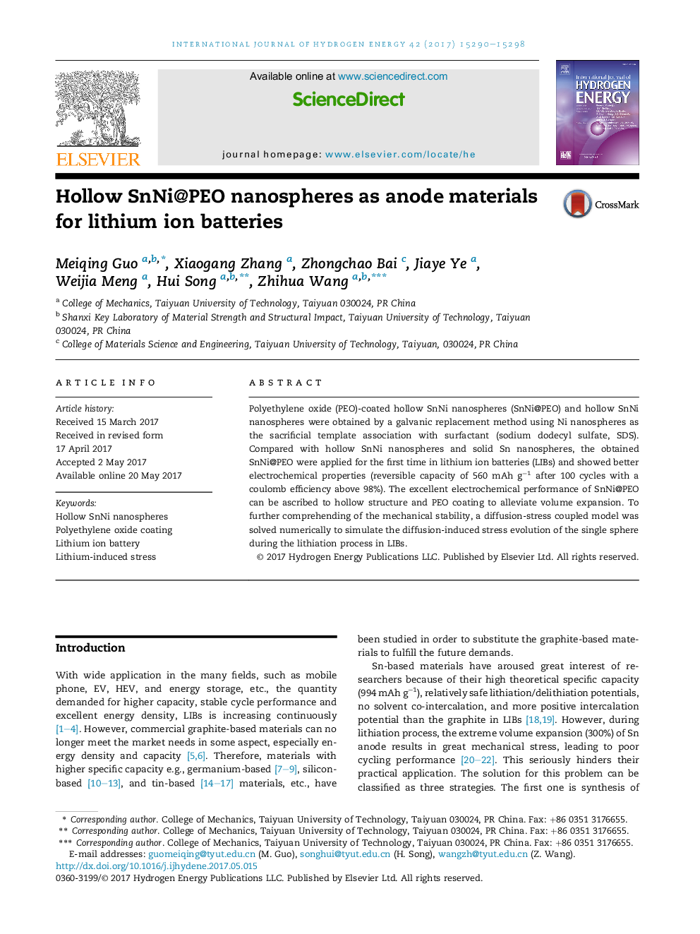 Hollow SnNi@PEO nanospheres as anode materials for lithium ion batteries