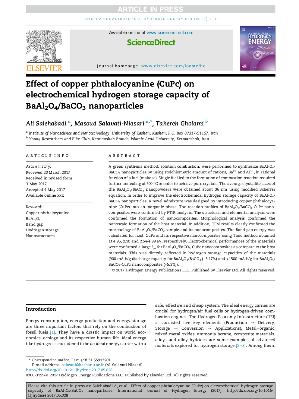 Effect of copper phthalocyanine (CuPc) on electrochemical hydrogen storage capacity of BaAl2O4/BaCO3 nanoparticles