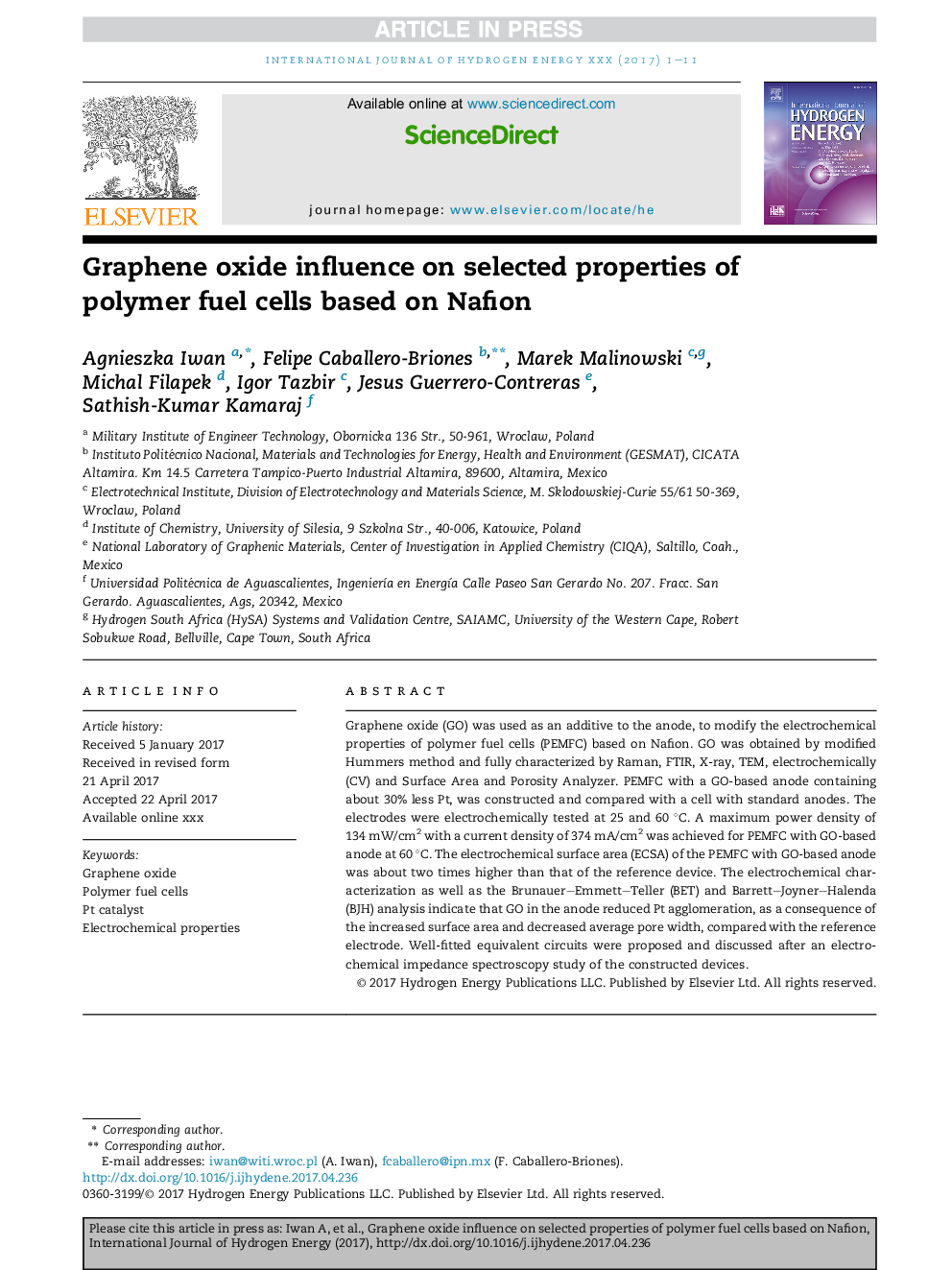 Graphene oxide influence on selected properties of polymer fuel cells based on Nafion