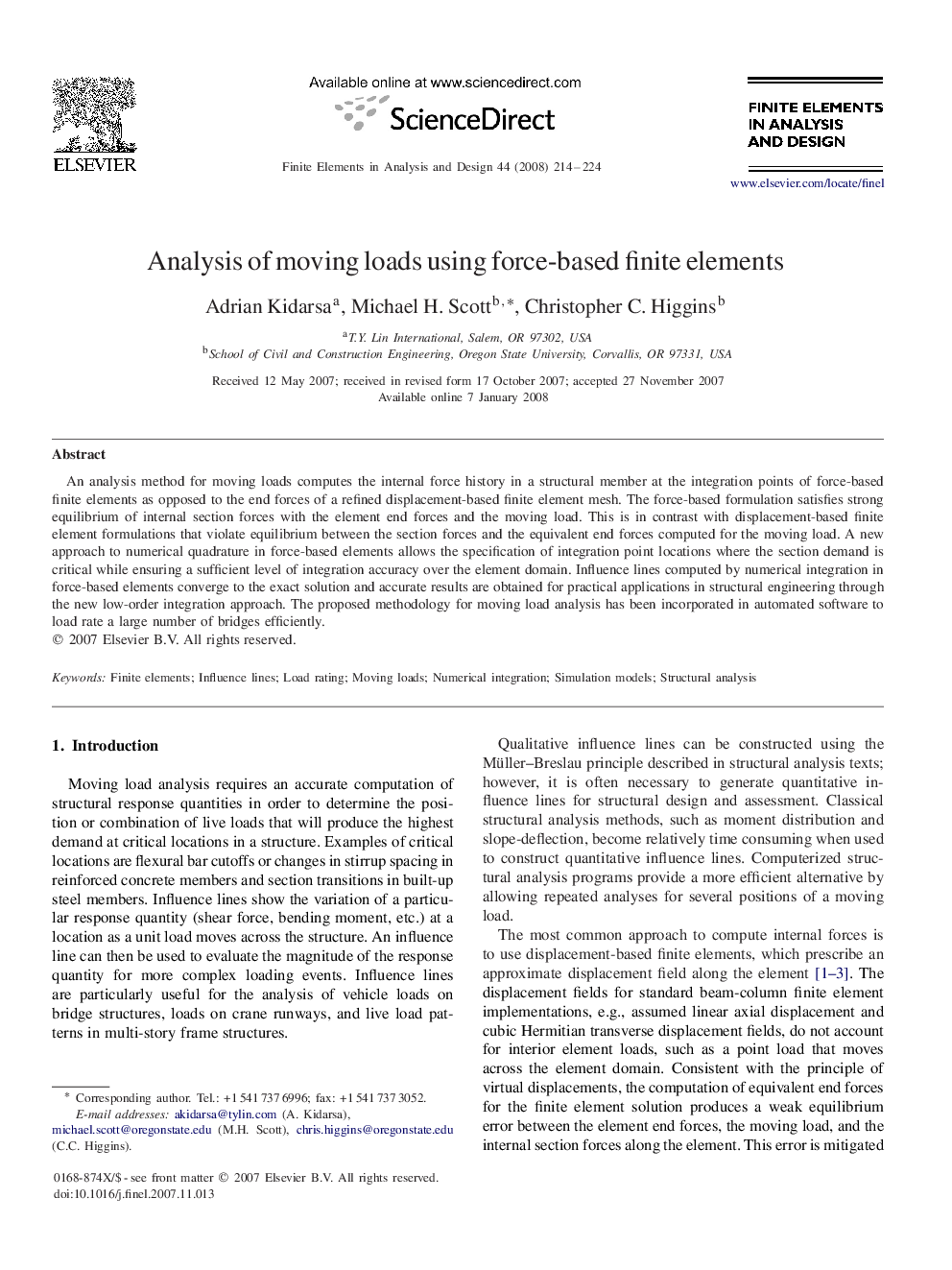 Analysis of moving loads using force-based finite elements