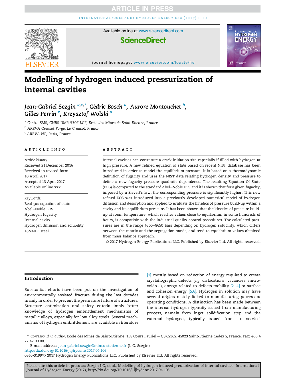 Modelling of hydrogen induced pressurization of internal cavities