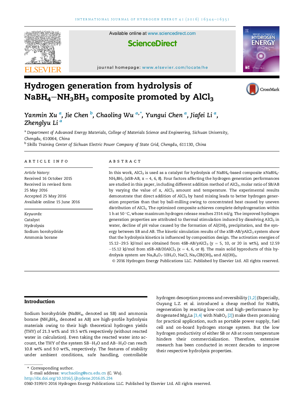 Hydrogen generation from hydrolysis of NaBH4NH3BH3 composite promoted by AlCl3