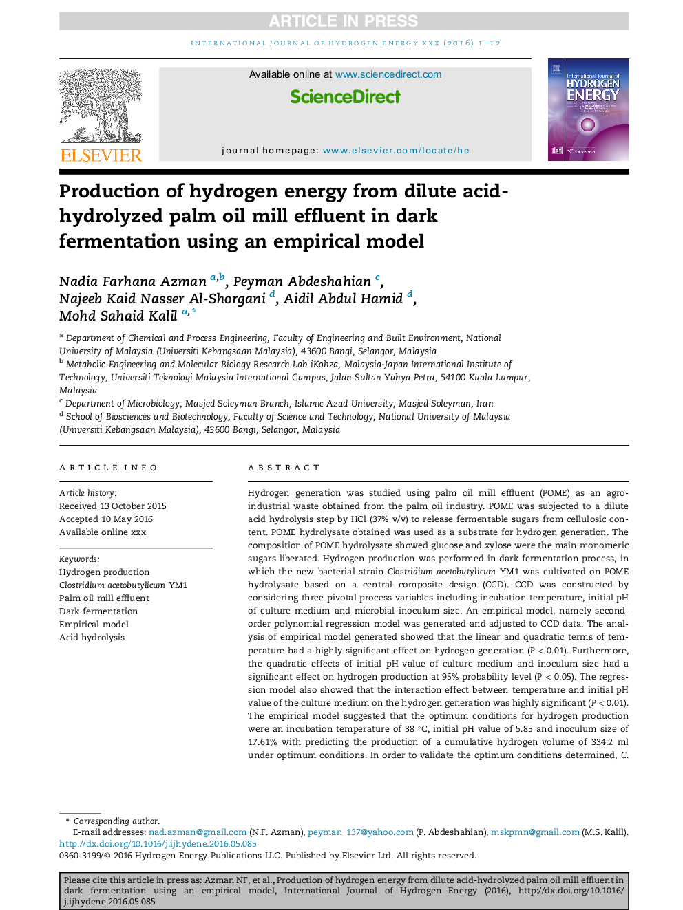 Production of hydrogen energy from dilute acid-hydrolyzed palm oil mill effluent in dark fermentation using an empirical model