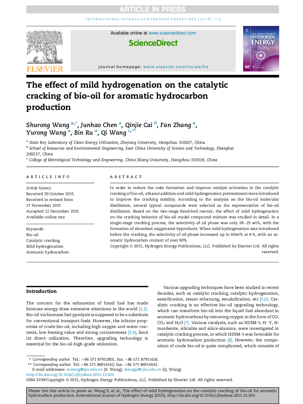 The effect of mild hydrogenation on the catalytic cracking of bio-oil for aromatic hydrocarbon production