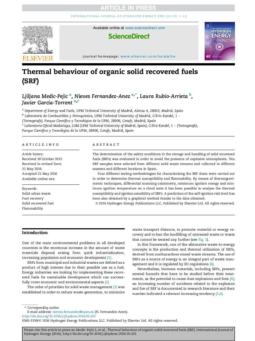 Thermal behaviour of organic solid recovered fuelsÂ (SRF)