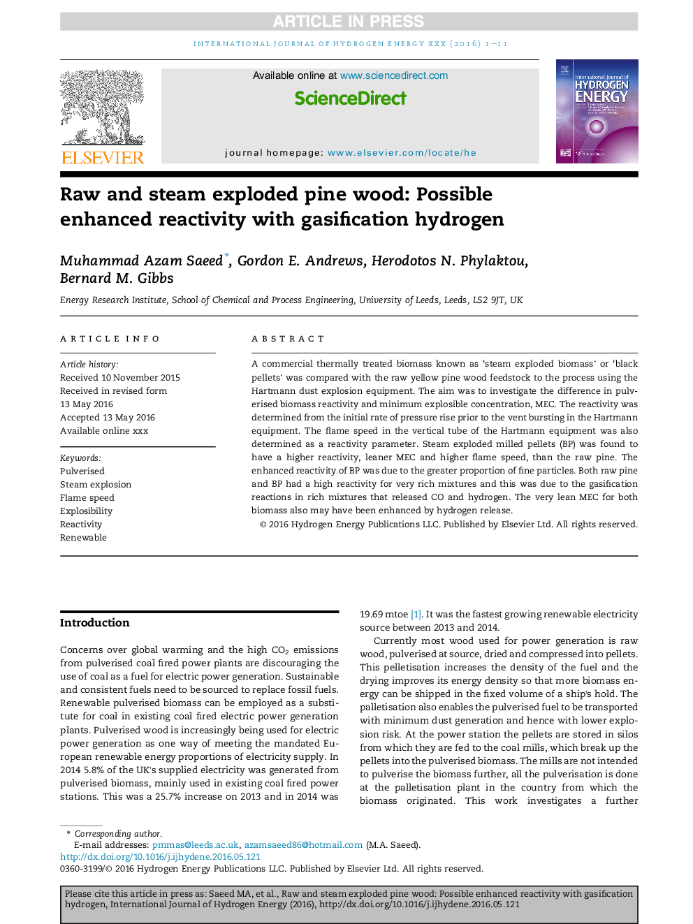 Raw and steam exploded pine wood: Possible enhanced reactivity with gasification hydrogen