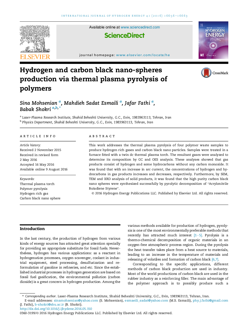 Hydrogen and carbon black nano-spheres production via thermal plasma pyrolysis of polymers