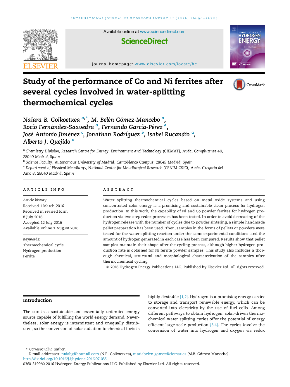 Study of the performance of Co and Ni ferrites after several cycles involved in water-splitting thermochemical cycles