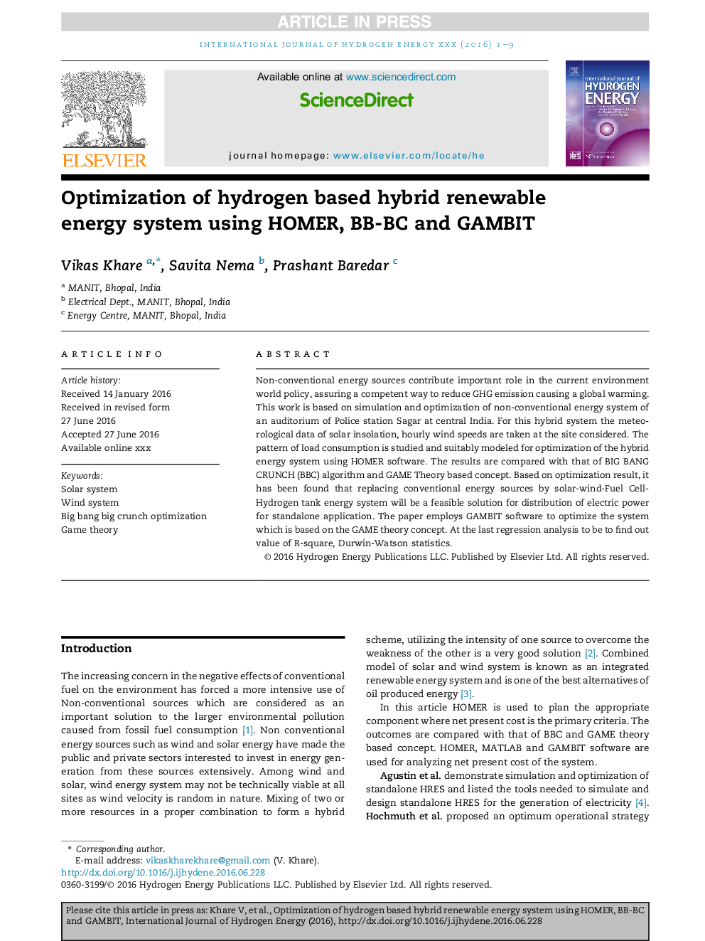 Optimization of hydrogen based hybrid renewable energy system using HOMER, BB-BC and GAMBIT