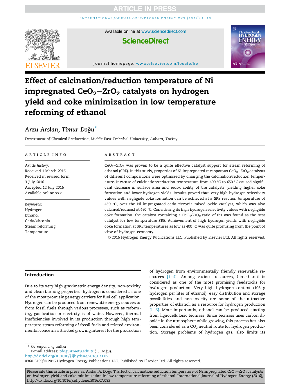 Effect of calcination/reduction temperature of Ni impregnated CeO2-ZrO2 catalysts on hydrogen yield and coke minimization in low temperature reforming of ethanol