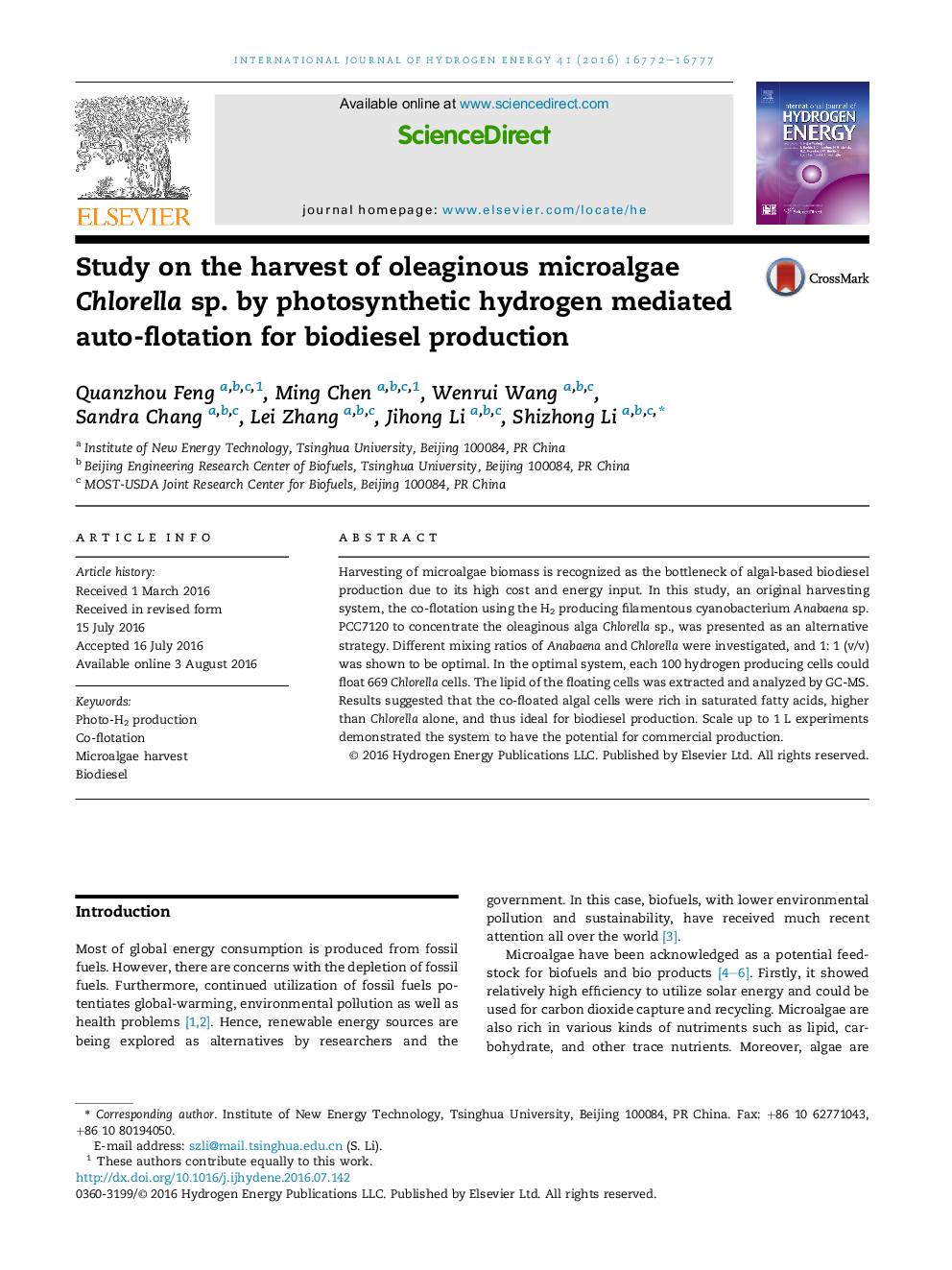 Study on the harvest of oleaginous microalgae Chlorella sp. by photosynthetic hydrogen mediated auto-flotation for biodiesel production