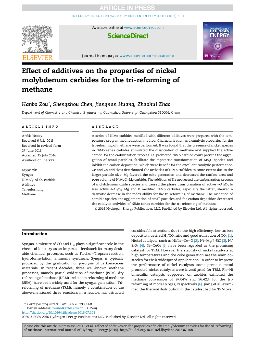 Effect of additives on the properties of nickel molybdenum carbides for the tri-reforming of methane