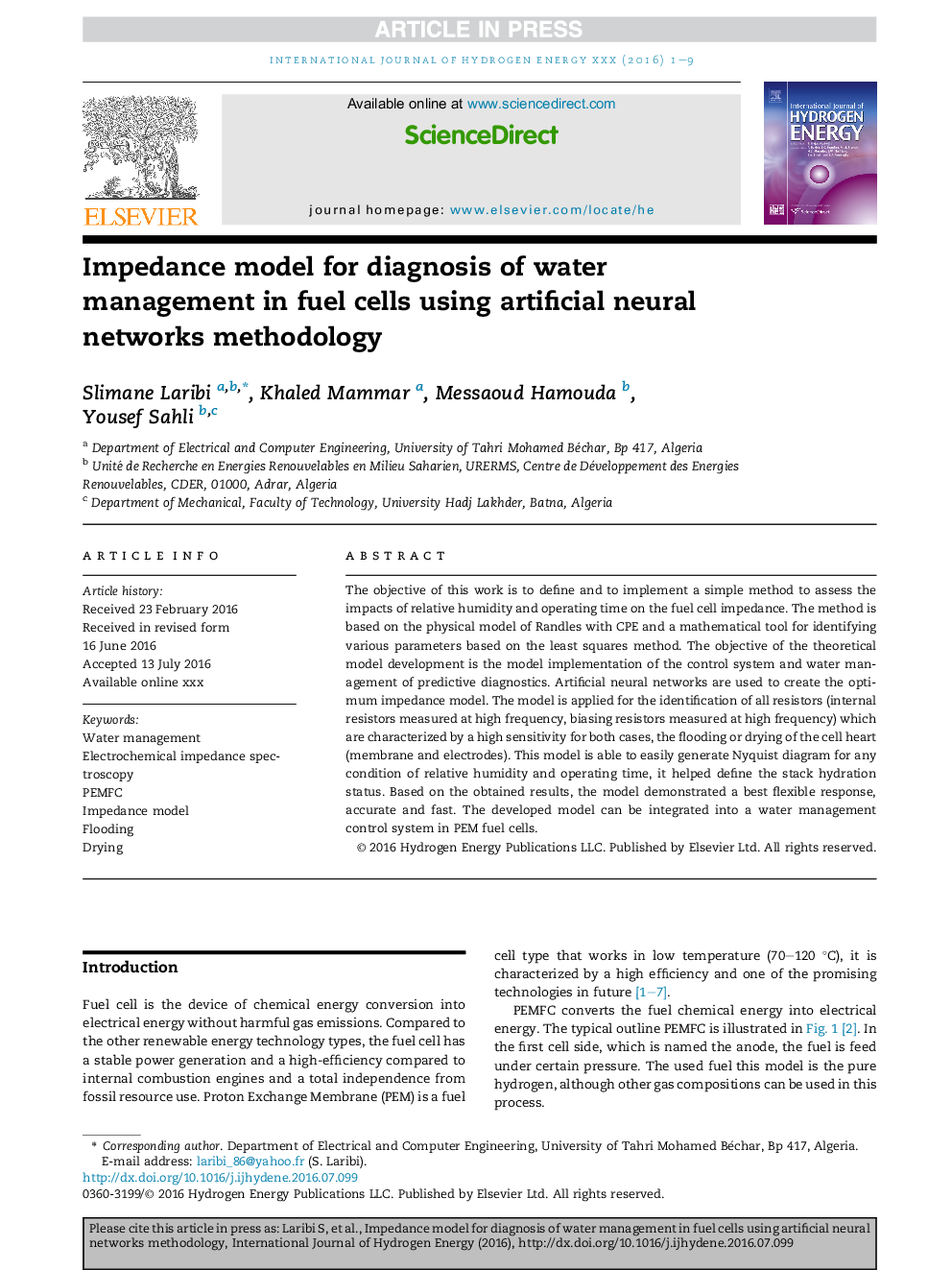 Impedance model for diagnosis of water management in fuel cells using artificial neural networks methodology