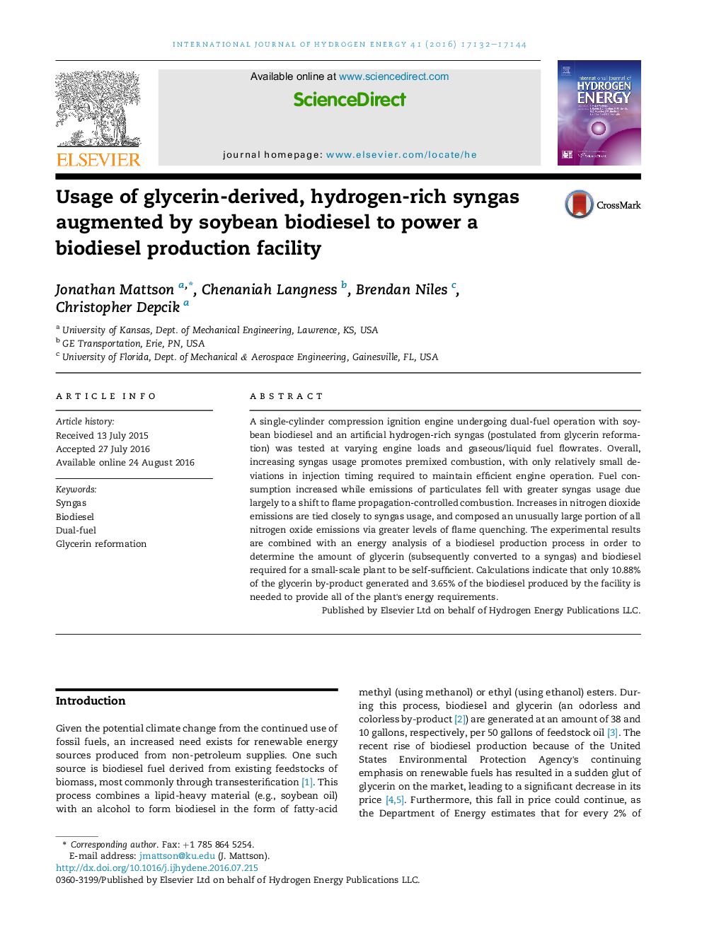 Usage of glycerin-derived, hydrogen-rich syngas augmented by soybean biodiesel to power a biodiesel production facility