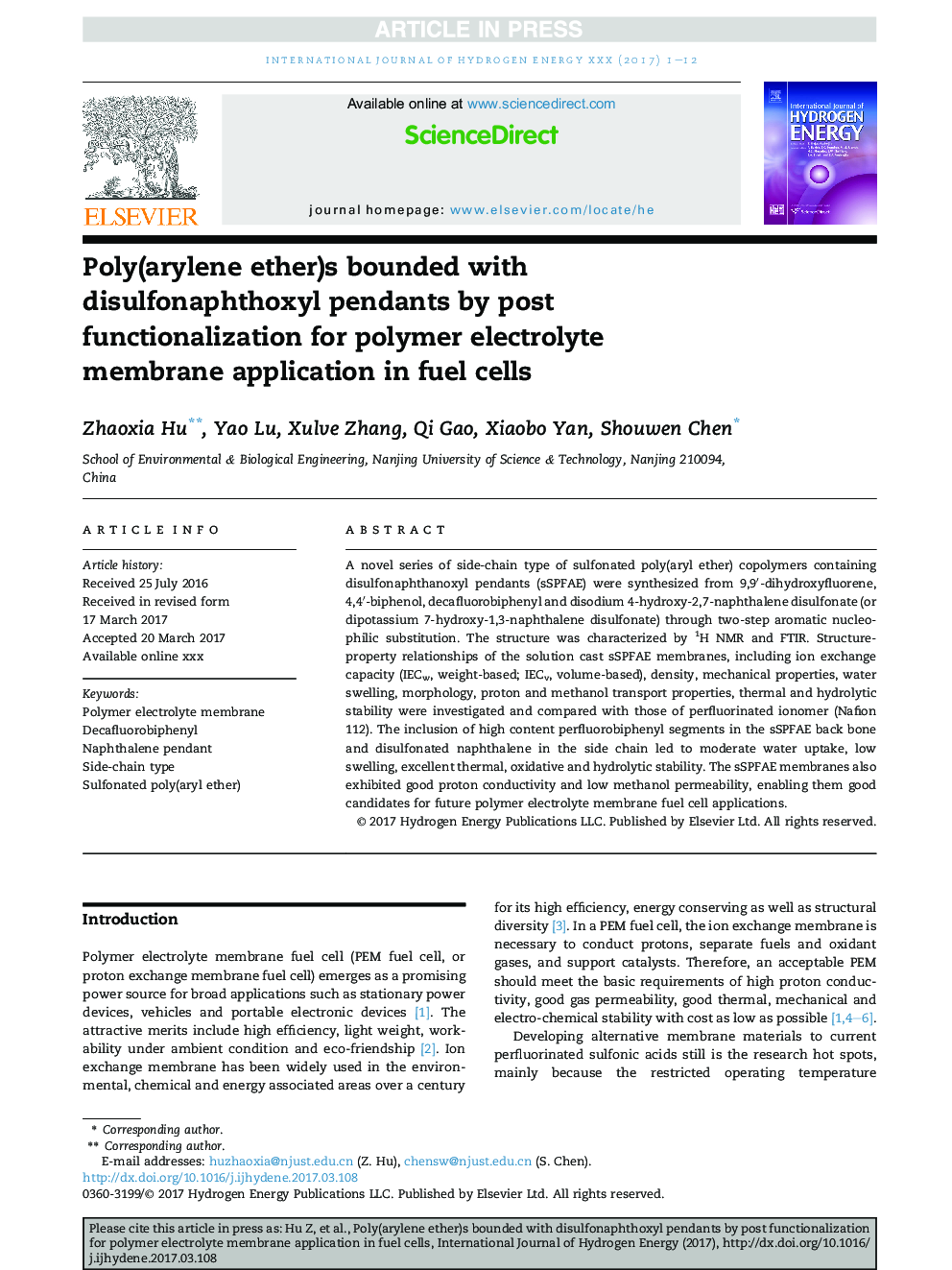 Poly(arylene ether)s bounded with disulfonaphthoxyl pendants by post functionalization for polymer electrolyte membrane application in fuel cells