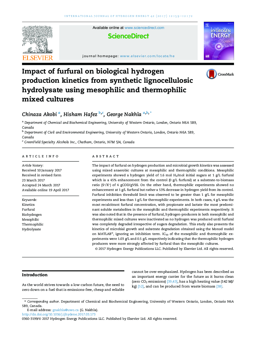 Impact of furfural on biological hydrogen production kinetics from synthetic lignocellulosic hydrolysate using mesophilic and thermophilic mixed cultures