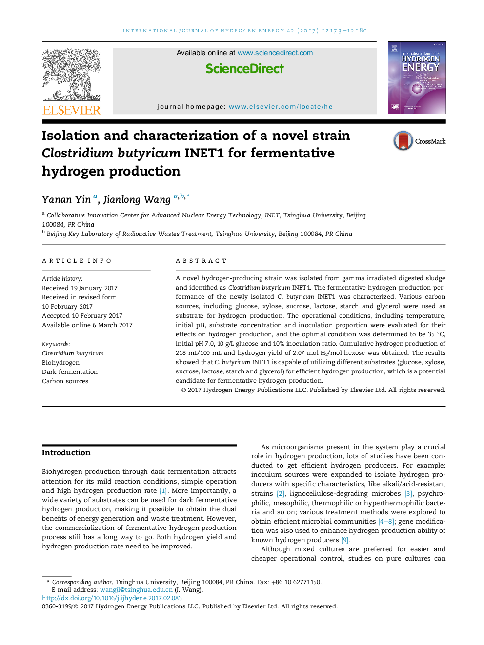 Isolation and characterization of a novel strain Clostridium butyricum INET1 for fermentative hydrogen production