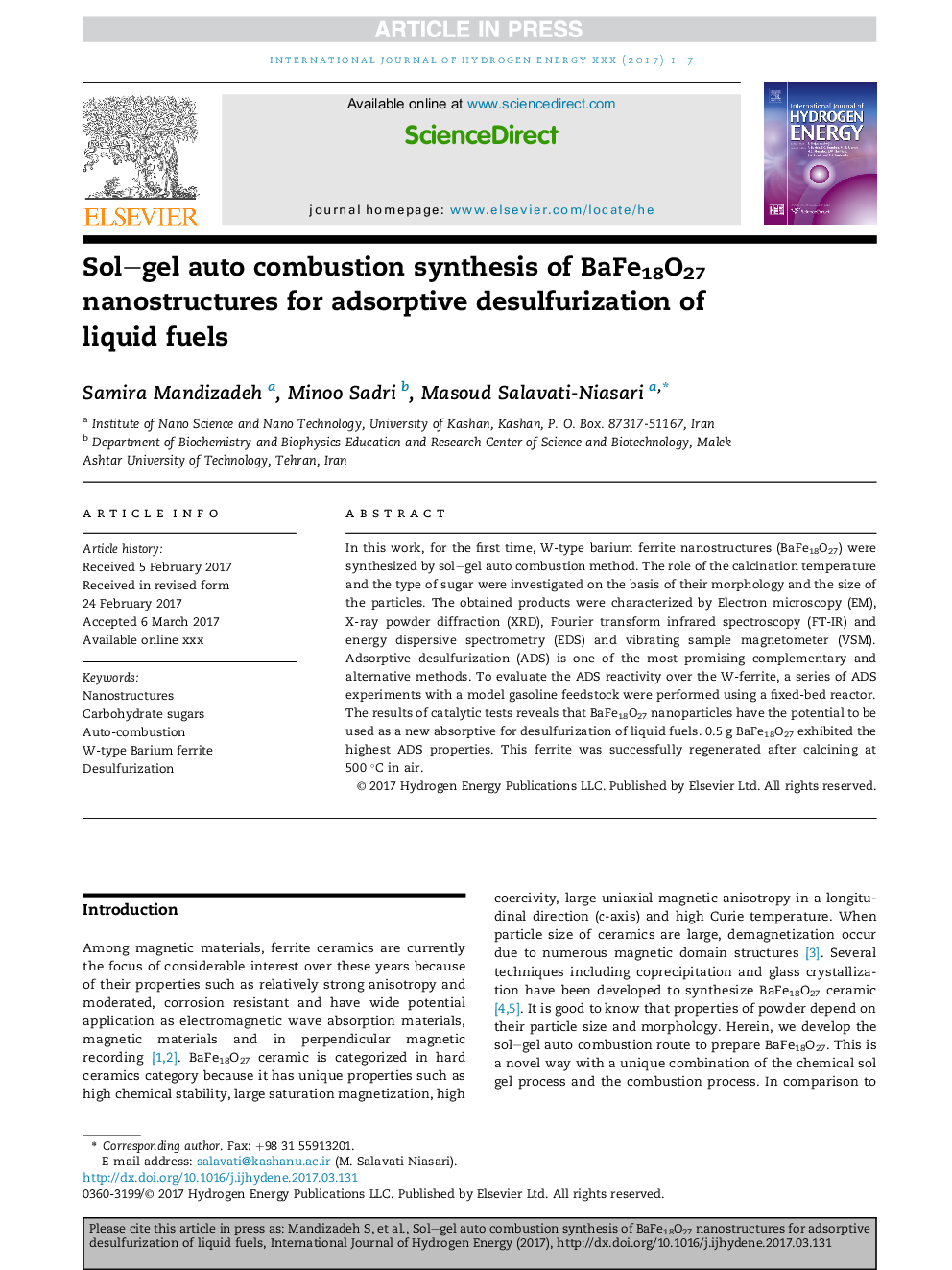 Sol-gel auto combustion synthesis of BaFe18O27 nanostructures for adsorptive desulfurization of liquid fuels