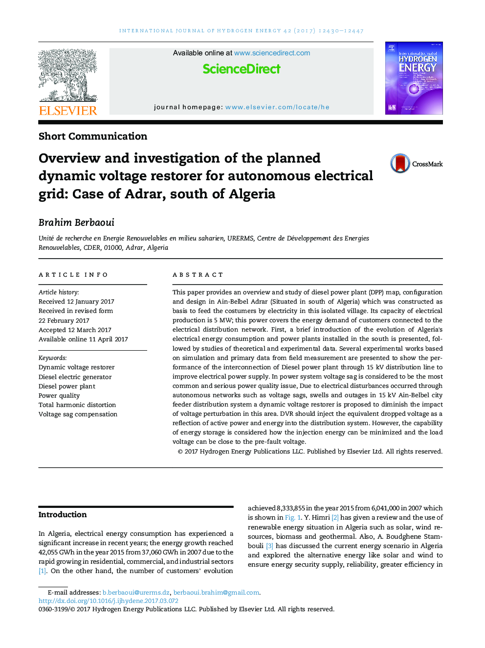 Overview and investigation of the planned dynamic voltage restorer for autonomous electrical grid: Case of Adrar, south of Algeria