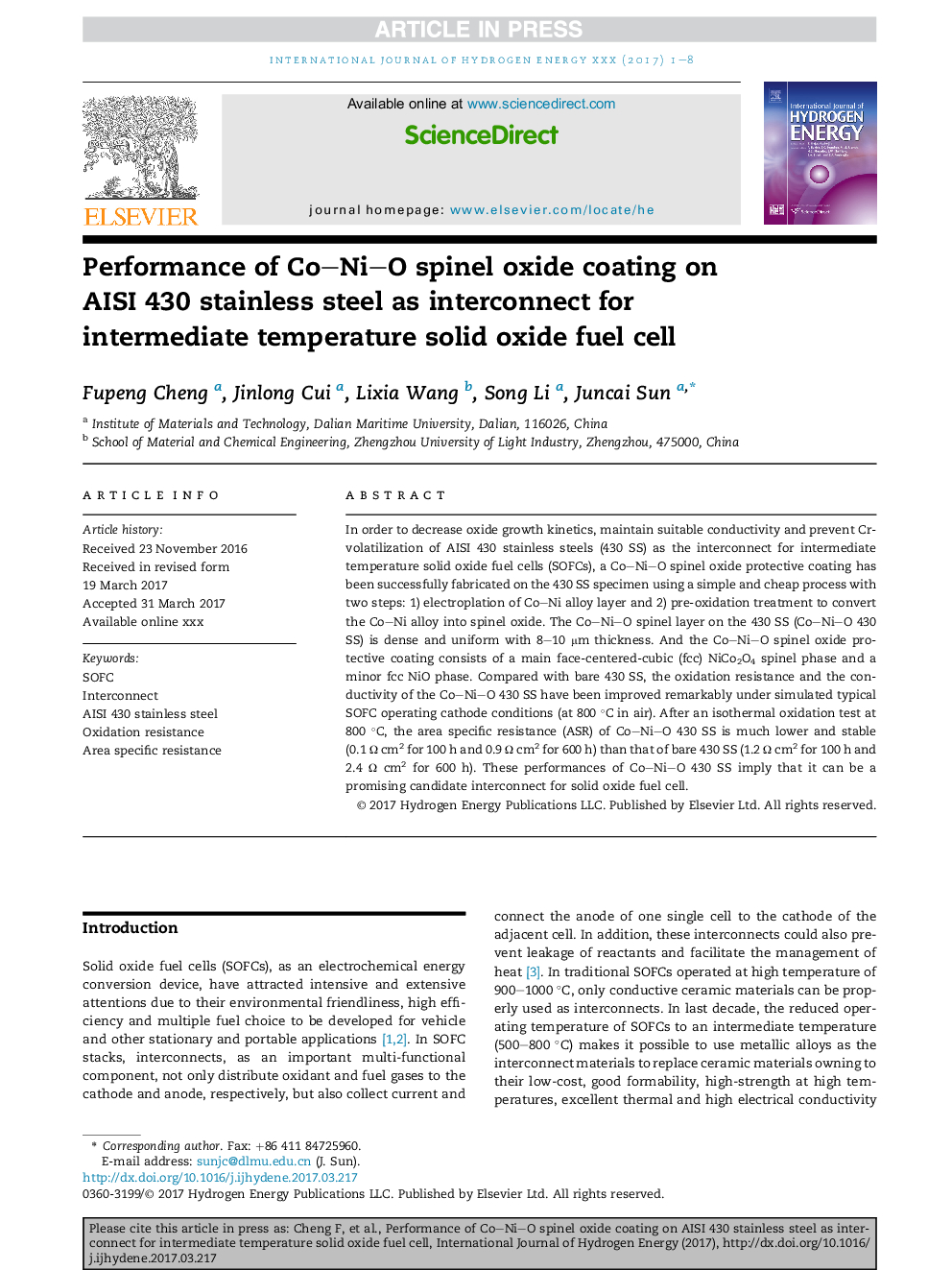 Performance of CoNiO spinel oxide coating on AISI 430 stainless steel as interconnect for intermediate temperature solid oxide fuel cell