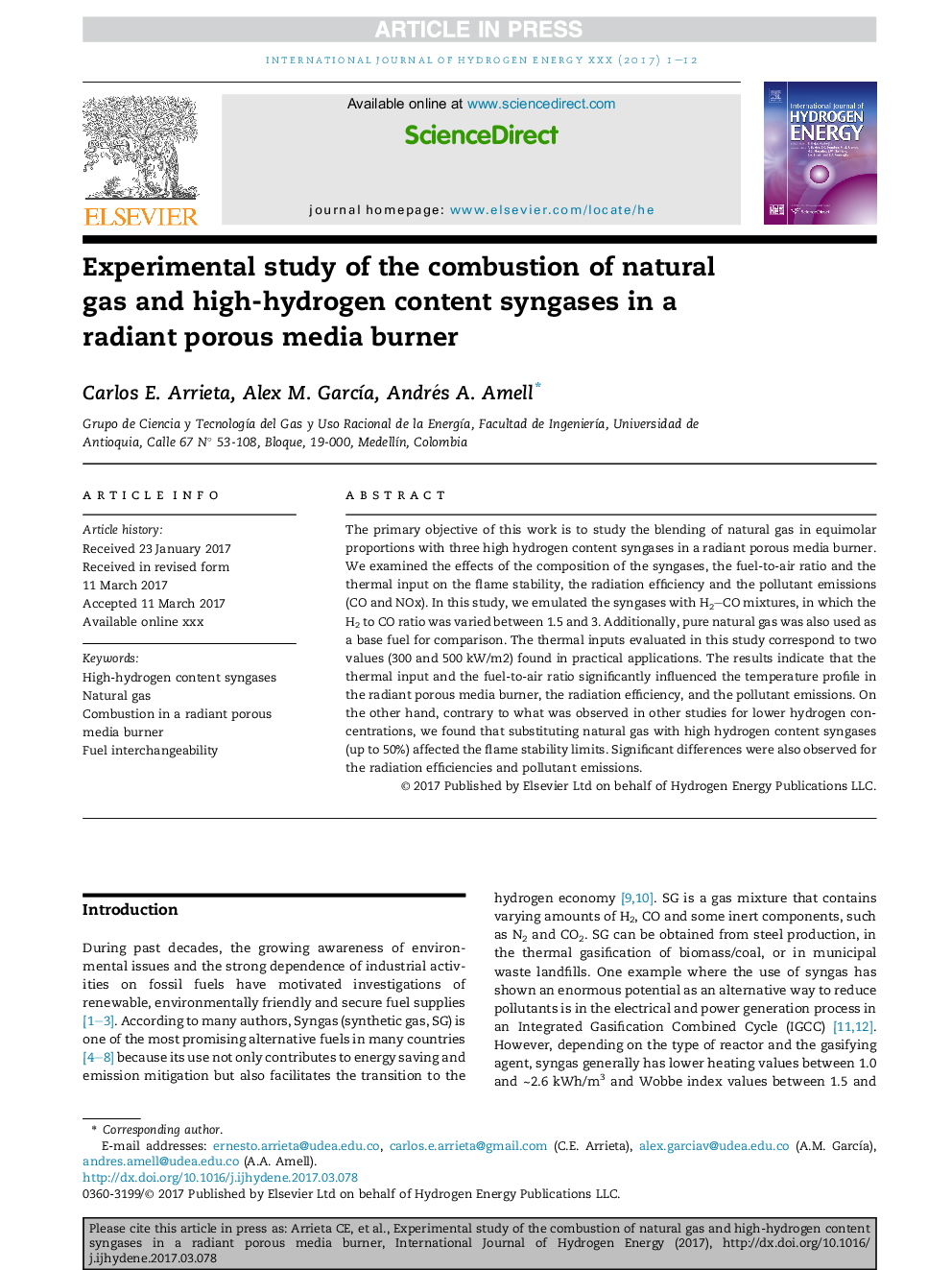 Experimental study of the combustion of natural gas and high-hydrogen content syngases in a radiant porous media burner