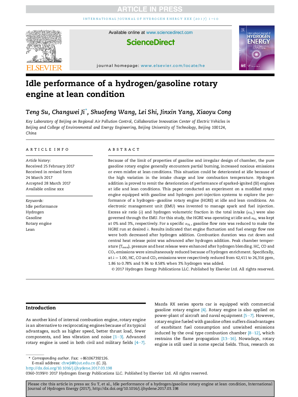 Idle performance of a hydrogen/gasoline rotary engine at lean condition