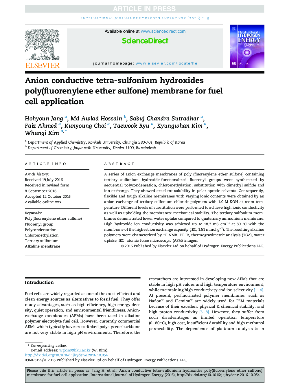 Anion conductive tetra-sulfonium hydroxides poly(fluorenylene ether sulfone) membrane for fuel cell application