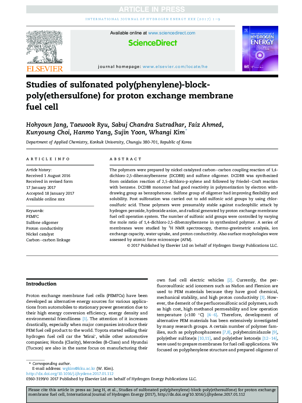 Studies of sulfonated poly(phenylene)-block-poly(ethersulfone) for proton exchange membrane fuel cell