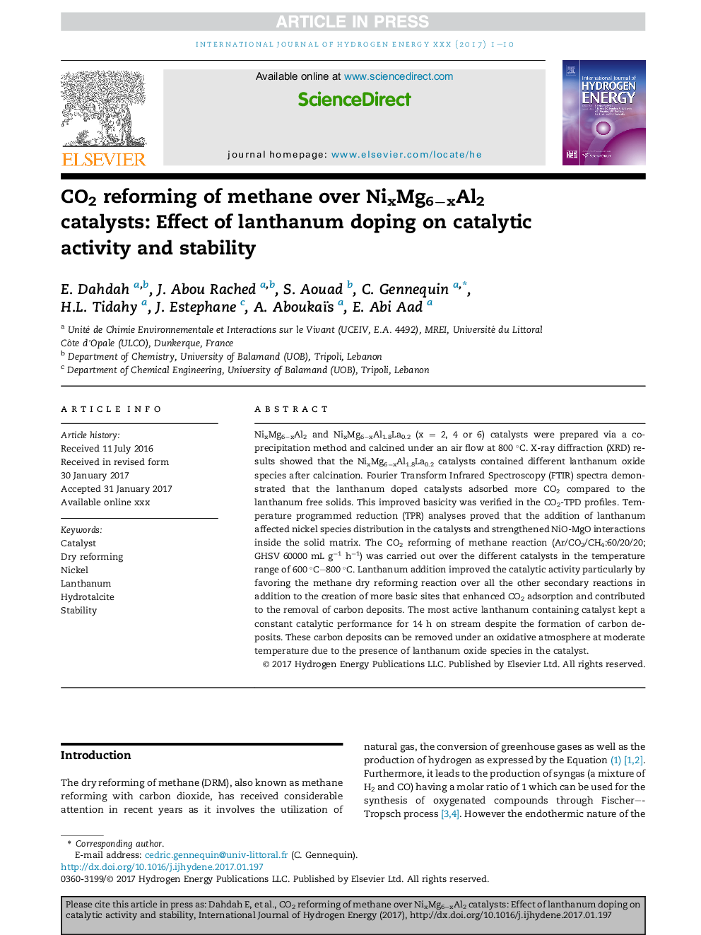 CO2 reforming of methane over NixMg6âxAl2 catalysts: Effect of lanthanum doping on catalytic activity and stability