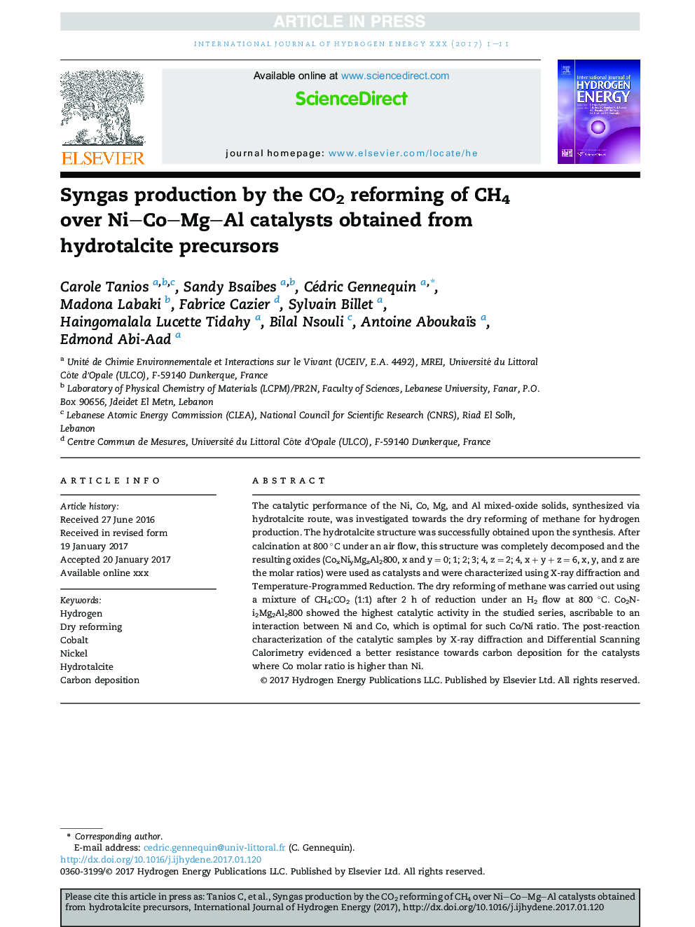 Syngas production by the CO2 reforming of CH4 over Ni-Co-Mg-Al catalysts obtained from hydrotalcite precursors
