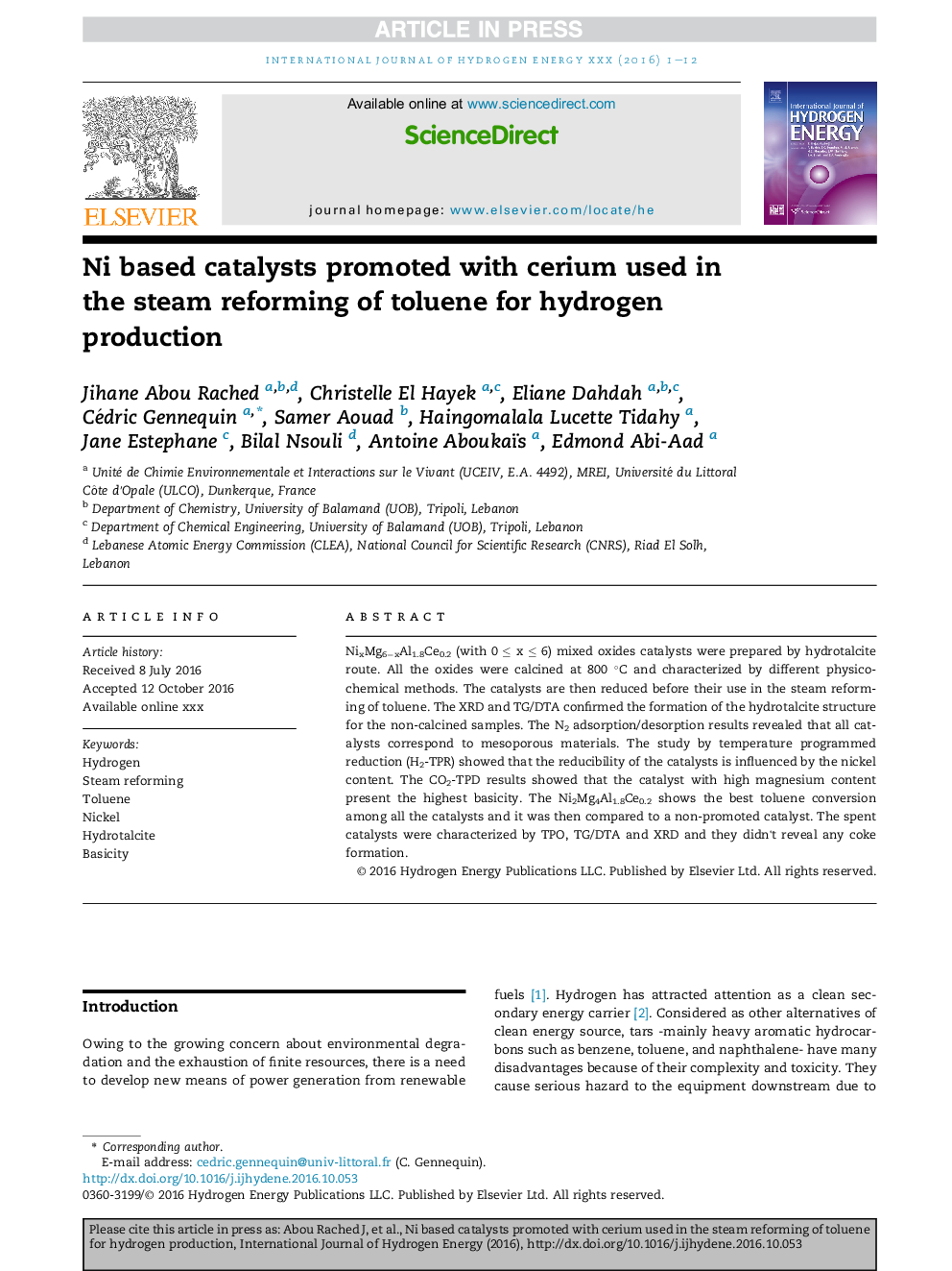 Ni based catalysts promoted with cerium used in the steam reforming of toluene for hydrogen production