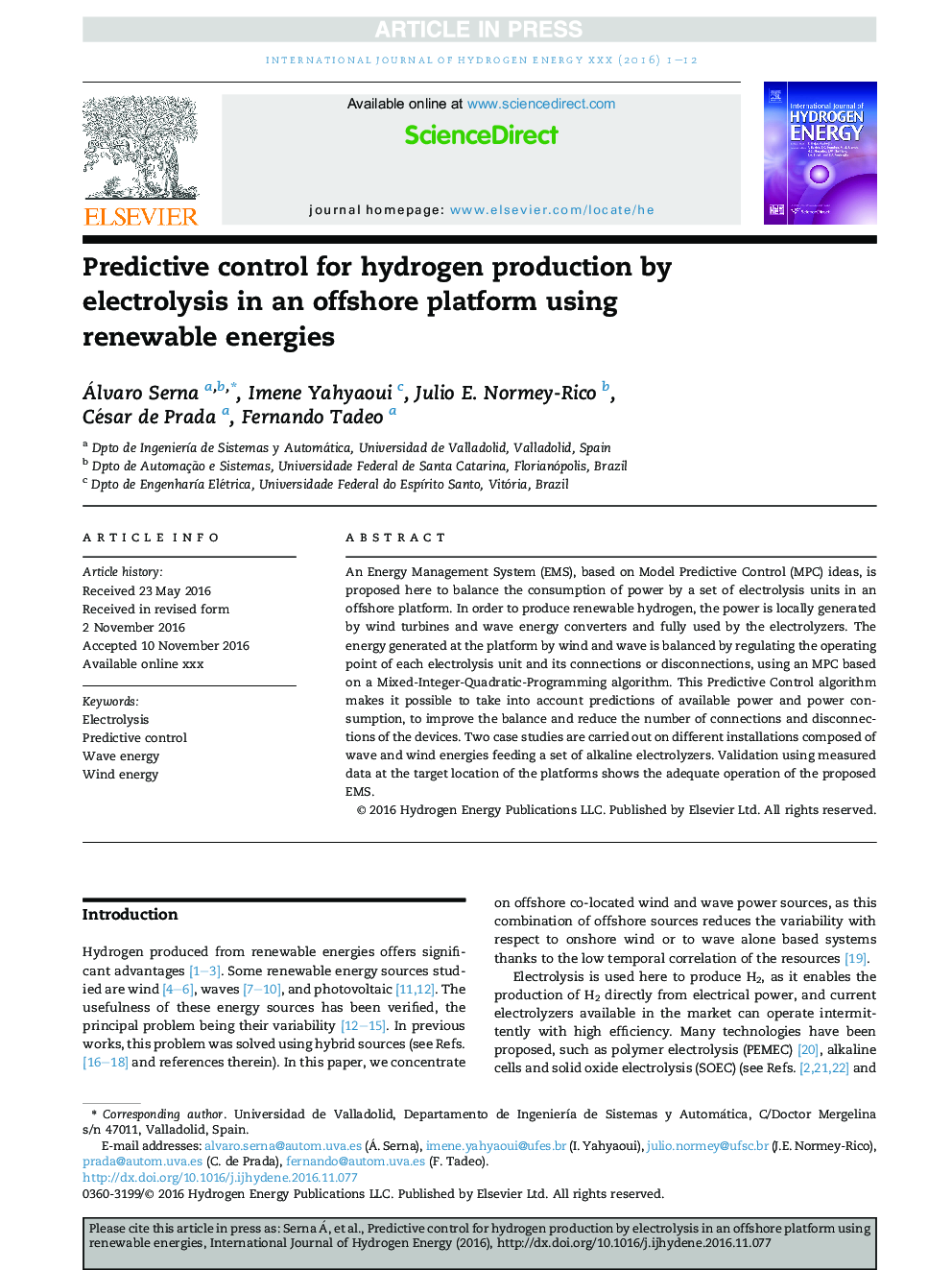 Predictive control for hydrogen production by electrolysis in an offshore platform using renewable energies