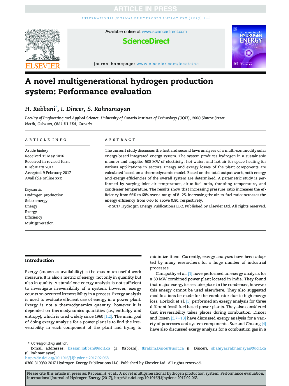 A novel multigenerational hydrogen production system: Performance evaluation