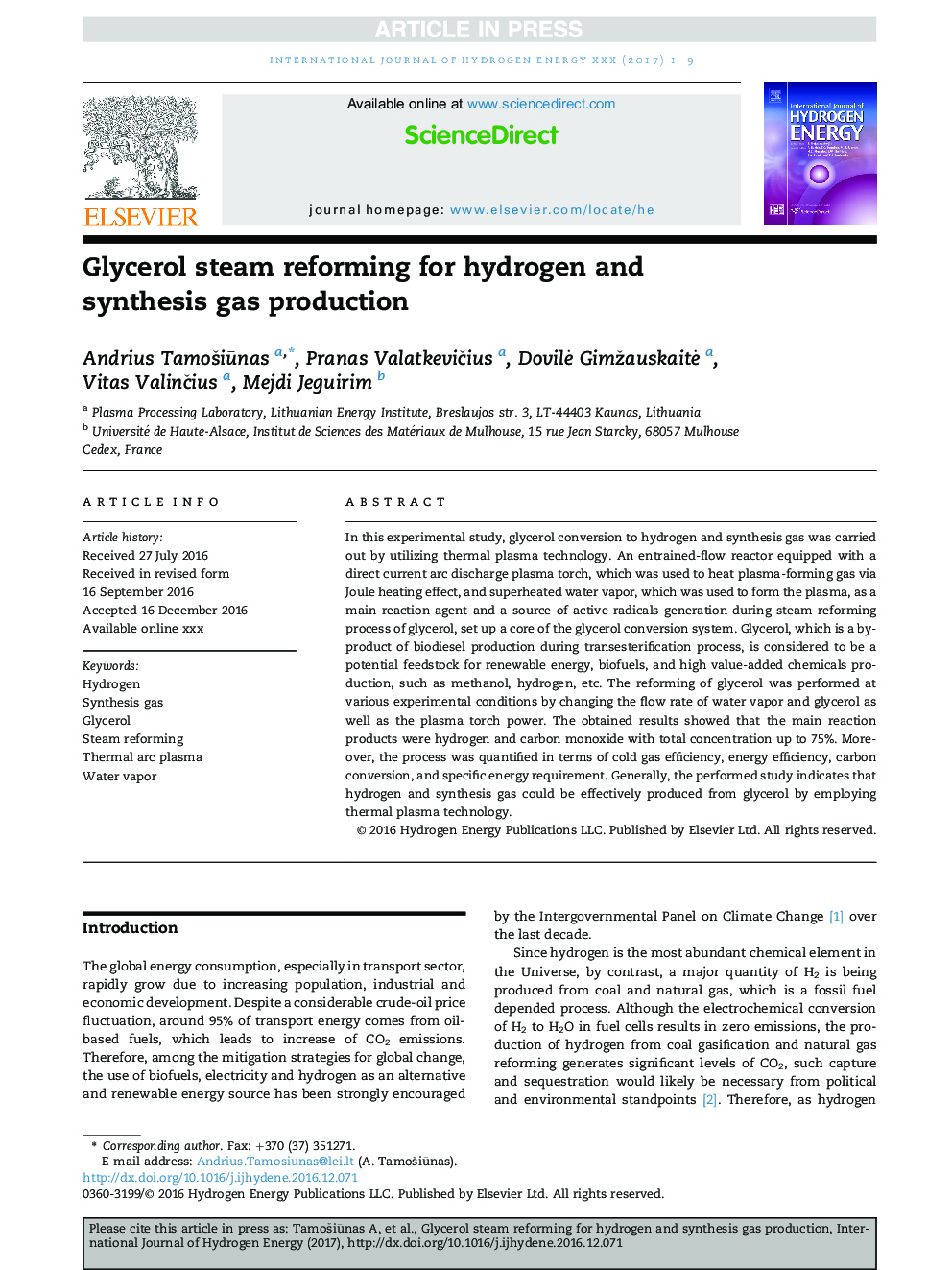 Glycerol steam reforming for hydrogen and synthesis gas production