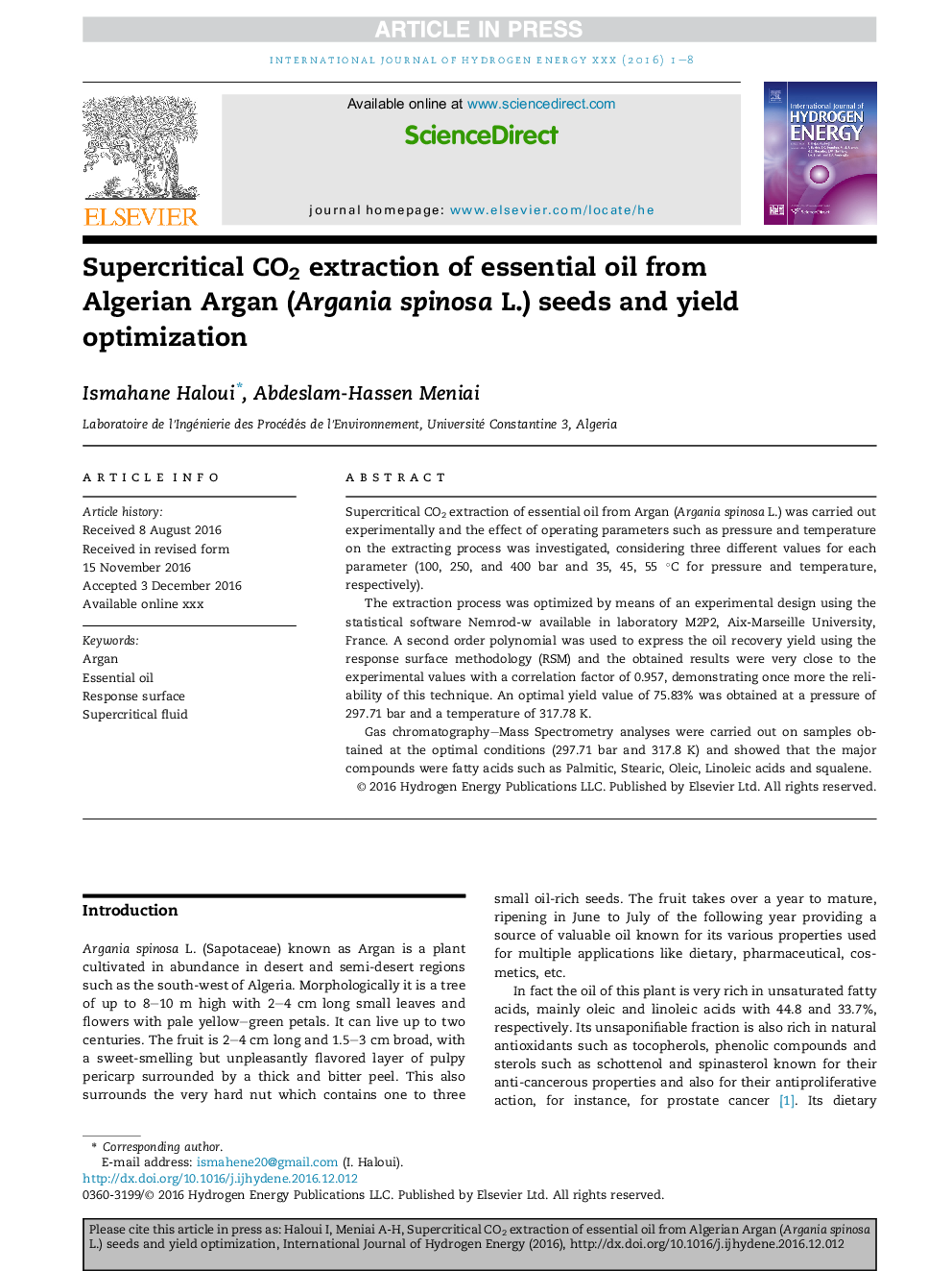 Supercritical CO2 extraction of essential oil from Algerian Argan (Argania spinosa L.) seeds and yield optimization