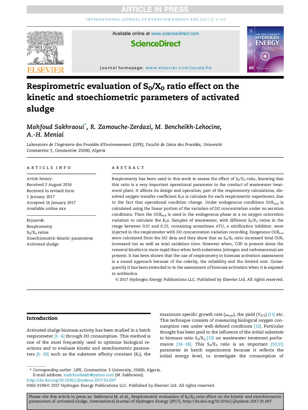 Respirometric evaluation of S0/X0 ratio effect on the kinetic and stoechiometric parameters of activated sludge