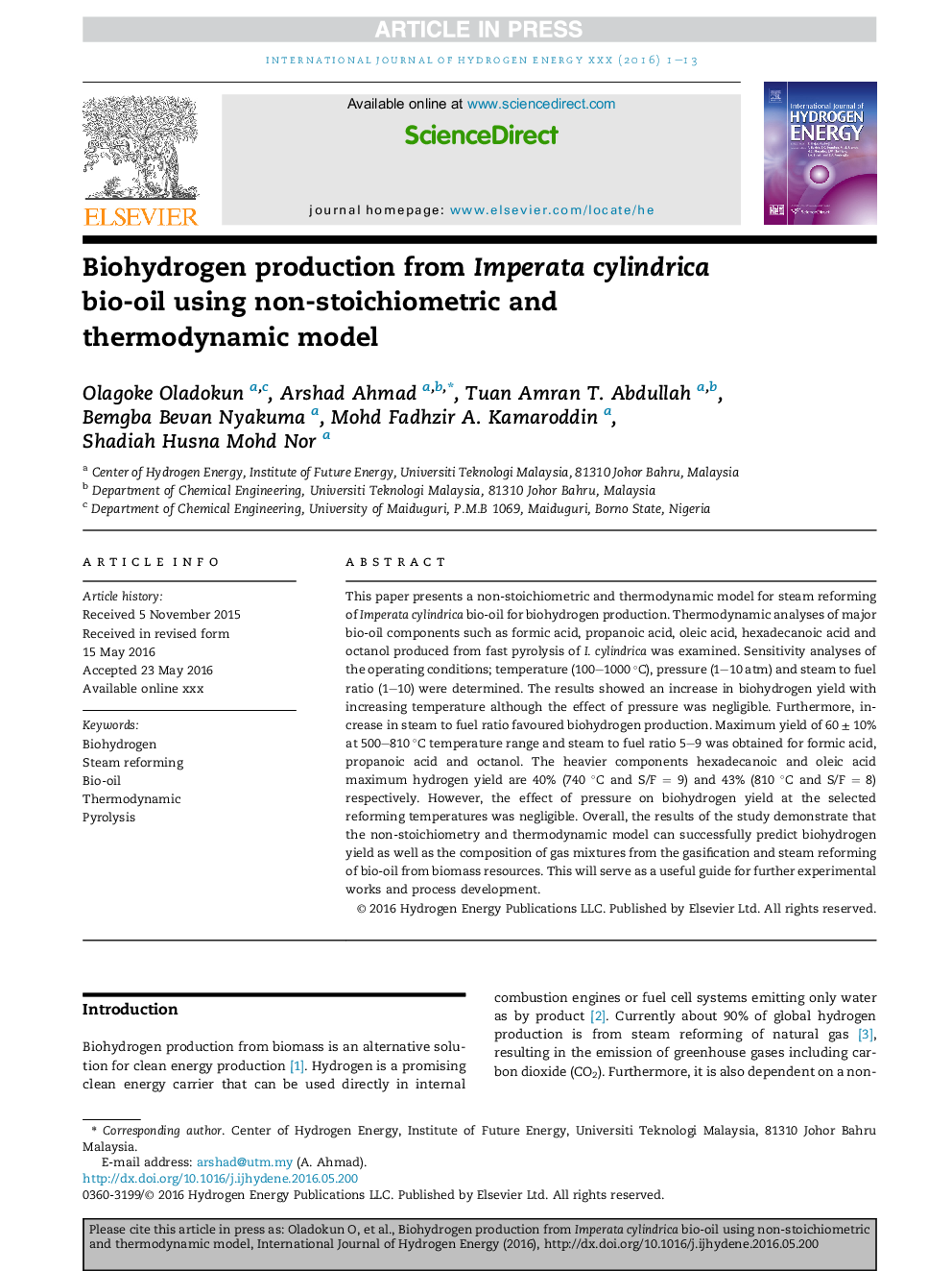 Biohydrogen production from Imperata cylindrica bio-oil using non-stoichiometric and thermodynamic model