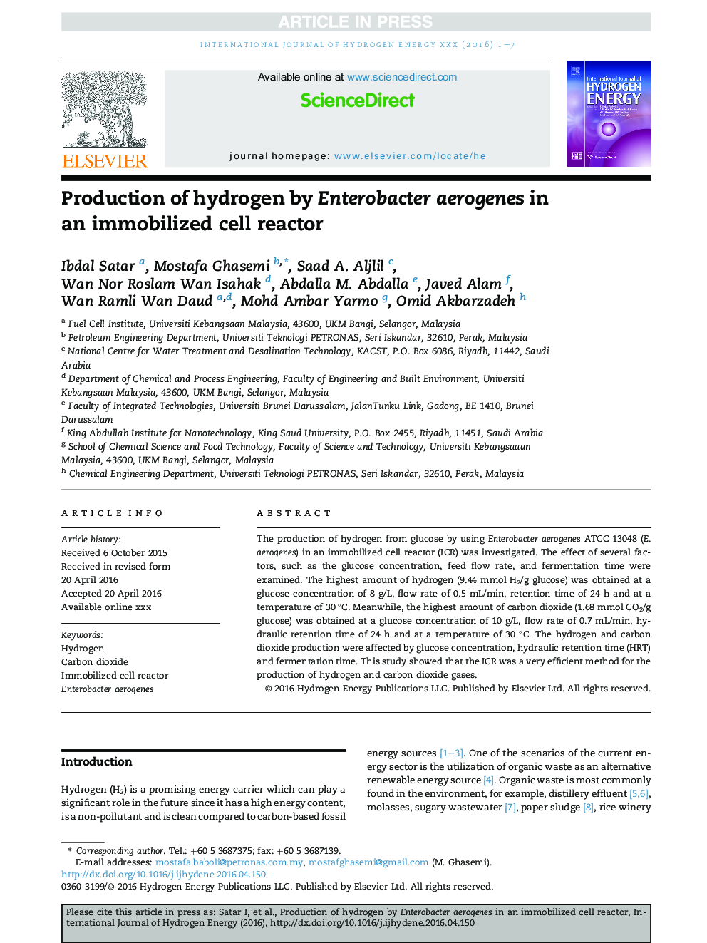 Production of hydrogen by Enterobacter aerogenes in an immobilized cell reactor