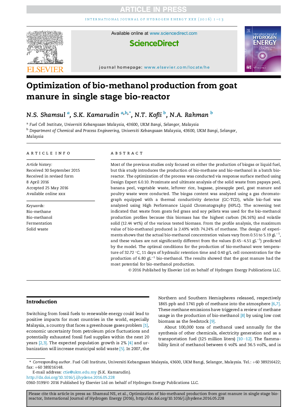 Optimization of bio-methanol production from goat manure in single stage bio-reactor