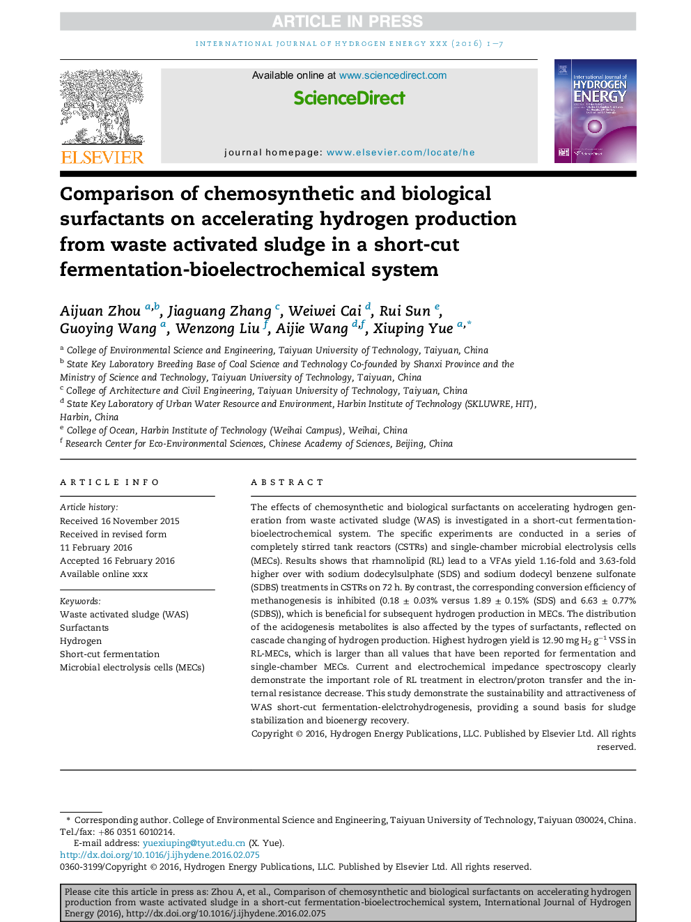 Comparison of chemosynthetic and biological surfactants on accelerating hydrogen production from waste activated sludge in a short-cut fermentation-bioelectrochemical system