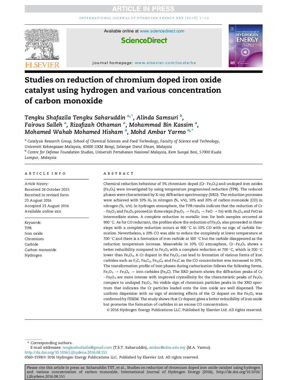 Studies on reduction of chromium doped iron oxide catalyst using hydrogen and various concentration of carbon monoxide