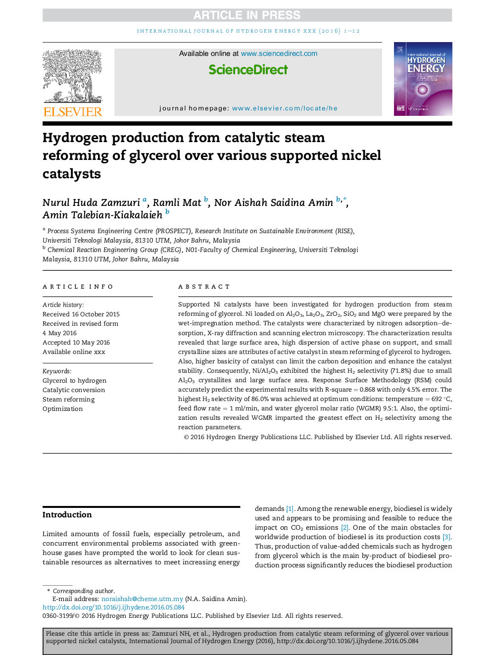 Hydrogen production from catalytic steam reforming of glycerol over various supported nickel catalysts