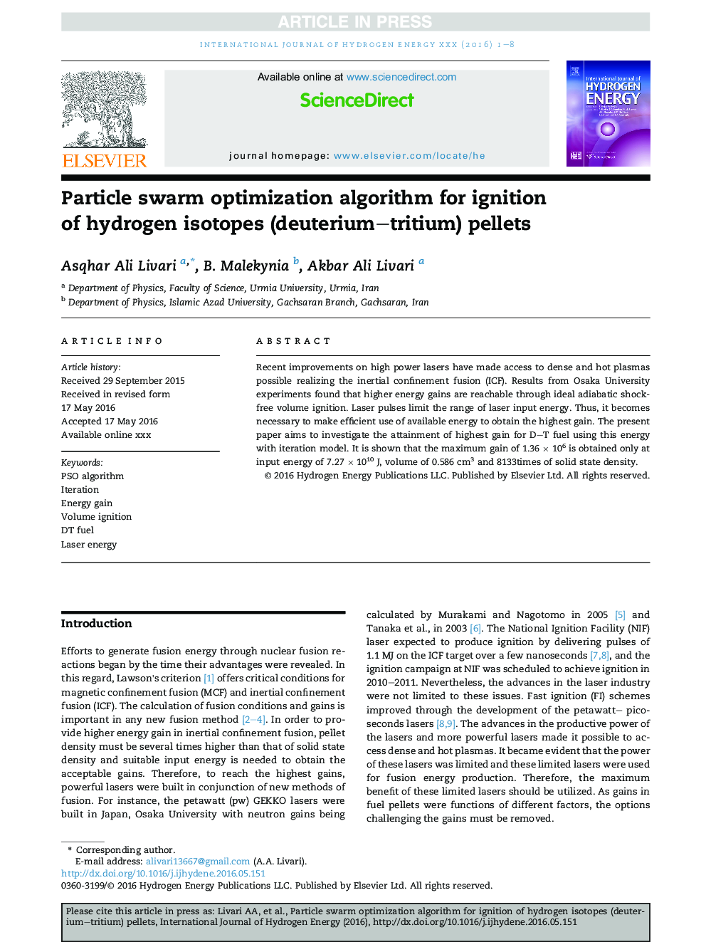 Particle swarm optimization algorithm for ignition of hydrogen isotopes (deuterium-tritium) pellets